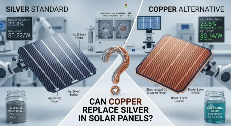 An infographic comparing the traditional silver standard solar cell with an emerging copper plating alternative. The image highlights differences in cell efficiency, manufacturing cost, material abundance, and technical layer structures like barrier layers and busbars.