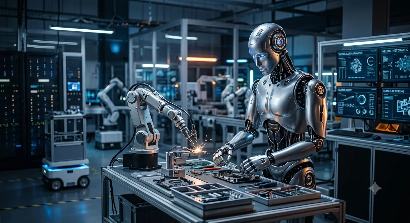 A sleek silver android and robotic arms assembling advanced electronics on a high-tech manufacturing floor, showcasing the future industrial uses of silver.