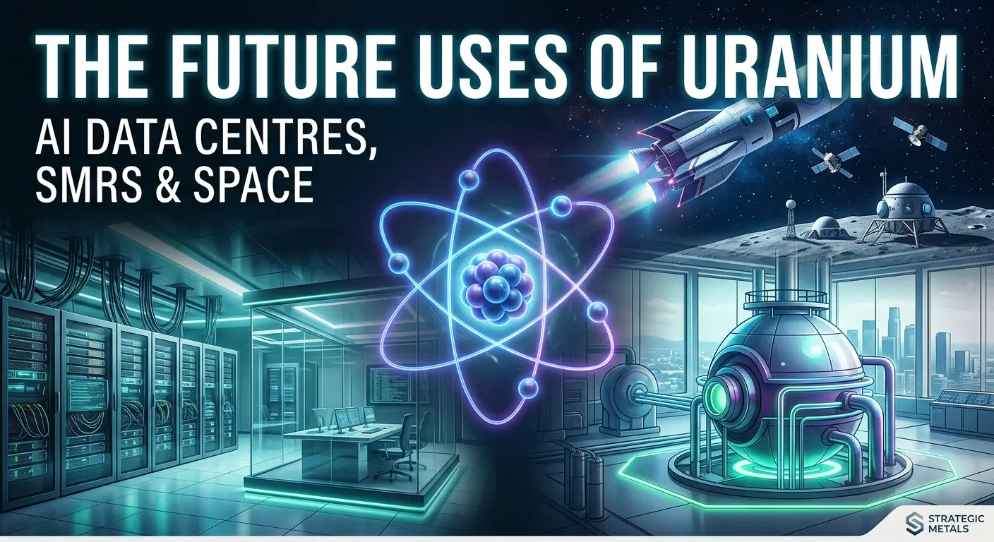 A futuristic infographic illustrating the future uses of uranium: a glowing atomic core powers a modern AI data centre server room, a Small Modular Reactor (SMR) plant, and a rocket ship launching into space with satellites.