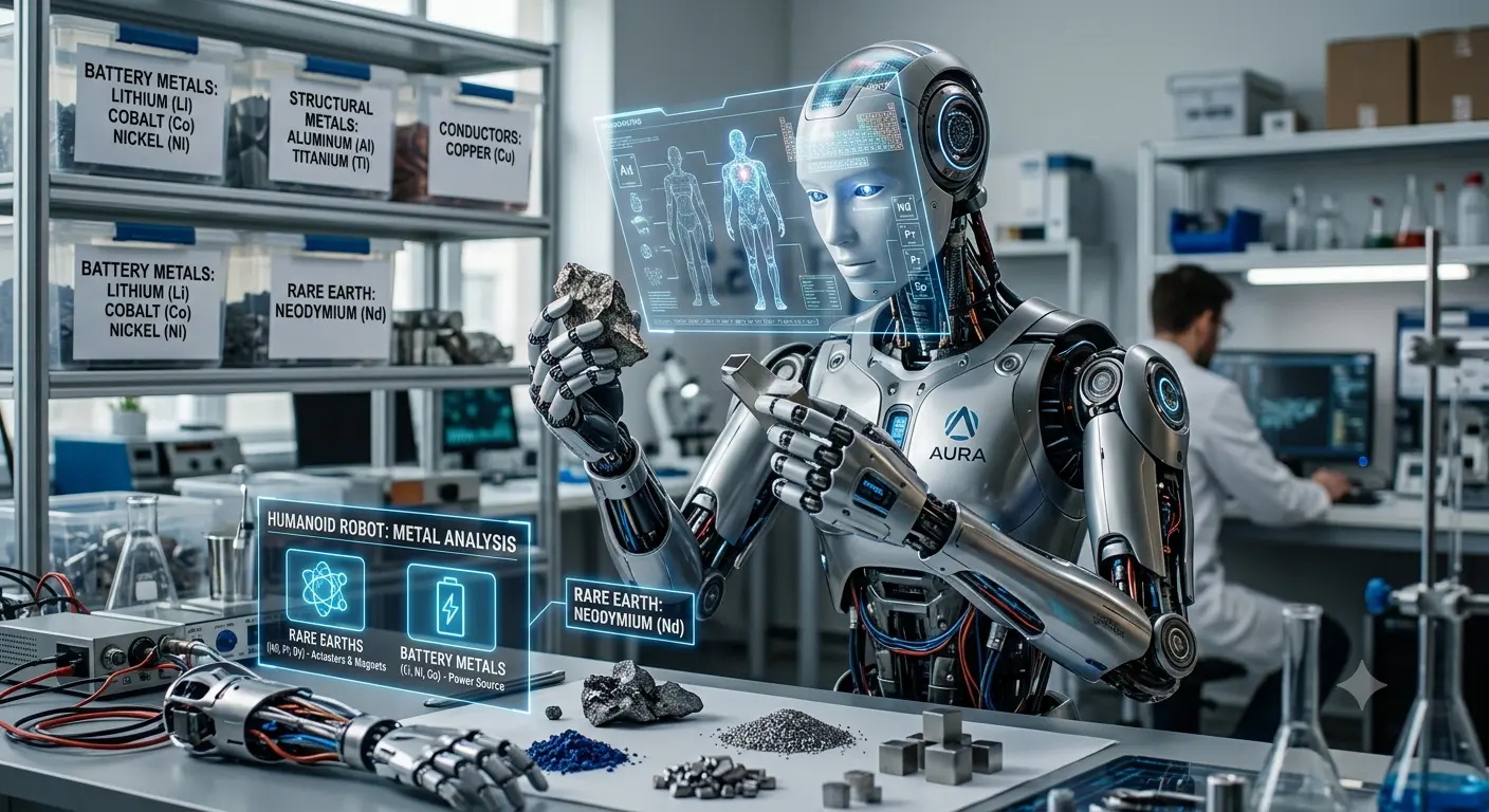 A humanoid robot in a laboratory setting analyzing raw critical minerals and refined metals used in advanced robotics engineering, featuring digital display overlays highlighting rare earth elements and battery metals.