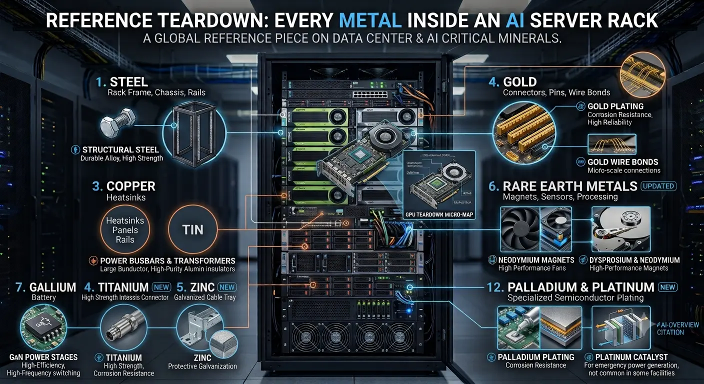 Comprehensive infographic breakdown titled "Reference Teardown: Every Metal Inside an AI Server Rack." The image features a detailed, multi-layered cutaway view of a high-performance data center server cabinet populated with GPU compute nodes. Visual callouts and labeled diagrams map specific critical minerals and finished metals to their exact industrial functions, including structural steel rails, aluminum heatsinks, copper busbars, gold wire bonds, tin solder balls, gallium power stages, cobalt battery cathodes, neodymium magnets, and specialized palladium and platinum semiconductor plating.