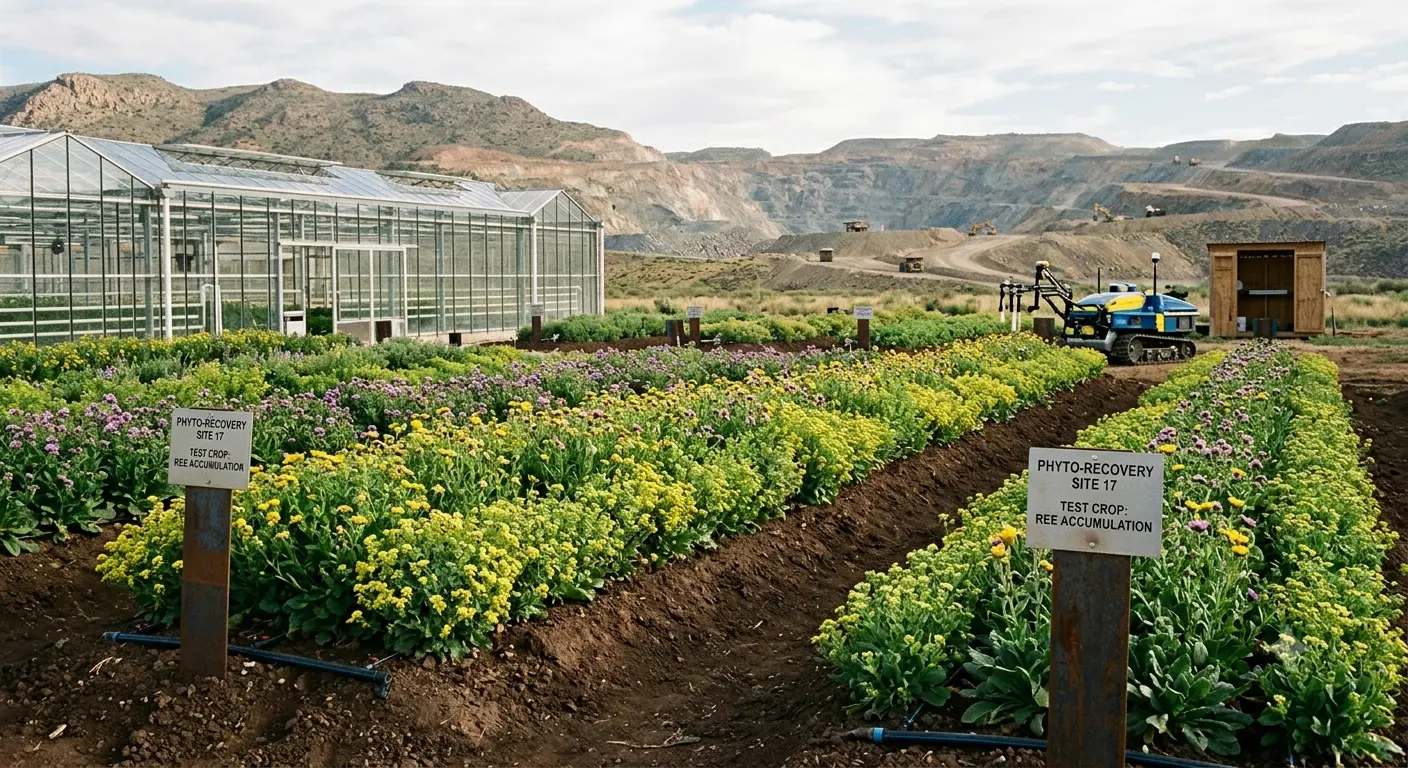 A phytomining test crop site with rows of yellow and purple hyperaccumulator plants next to a greenhouse, with an open-pit mine in the background.