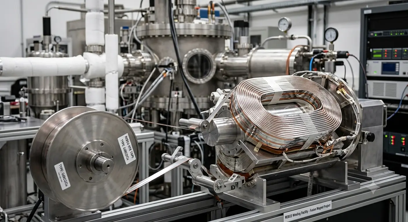 A specialized winding machine in a laboratory spooling REBCO high-temperature superconductor tape into a large magnetic coil for a nuclear fusion project.