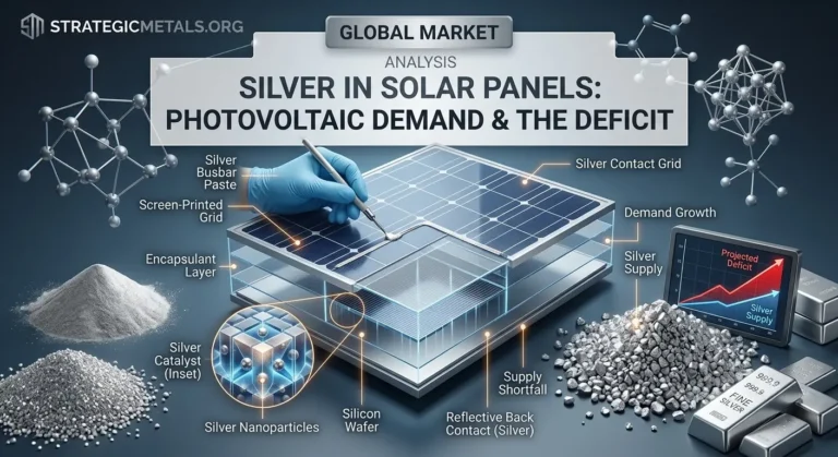 Diagram illustrating silver supply deficit and growing photovoltaic solar panel demand, featuring silver paste, contacts, and market analysis charts.