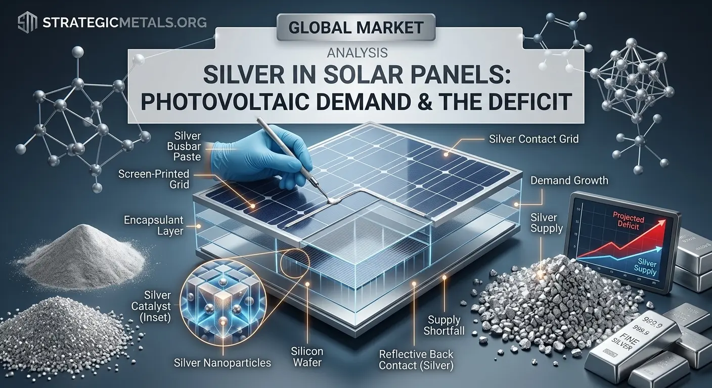 Diagram illustrating silver supply deficit and growing photovoltaic solar panel demand, featuring silver paste, contacts, and market analysis charts.