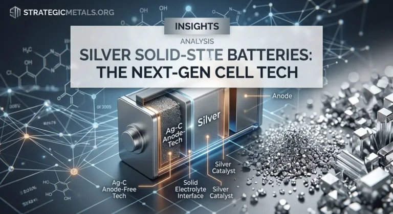 Cutaway diagram of a silver-carbon solid-state battery cell next to raw silver granules showing Ag-C anode tech.