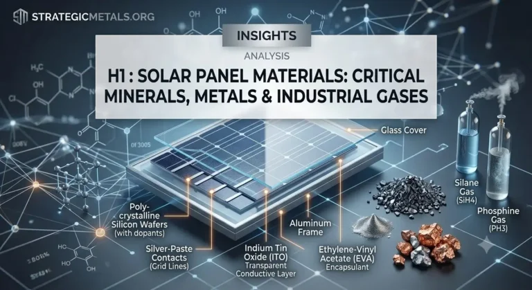 Diagram of solar panel materials detailing critical minerals, metals, and industrial gases used in photovoltaic manufacturing.