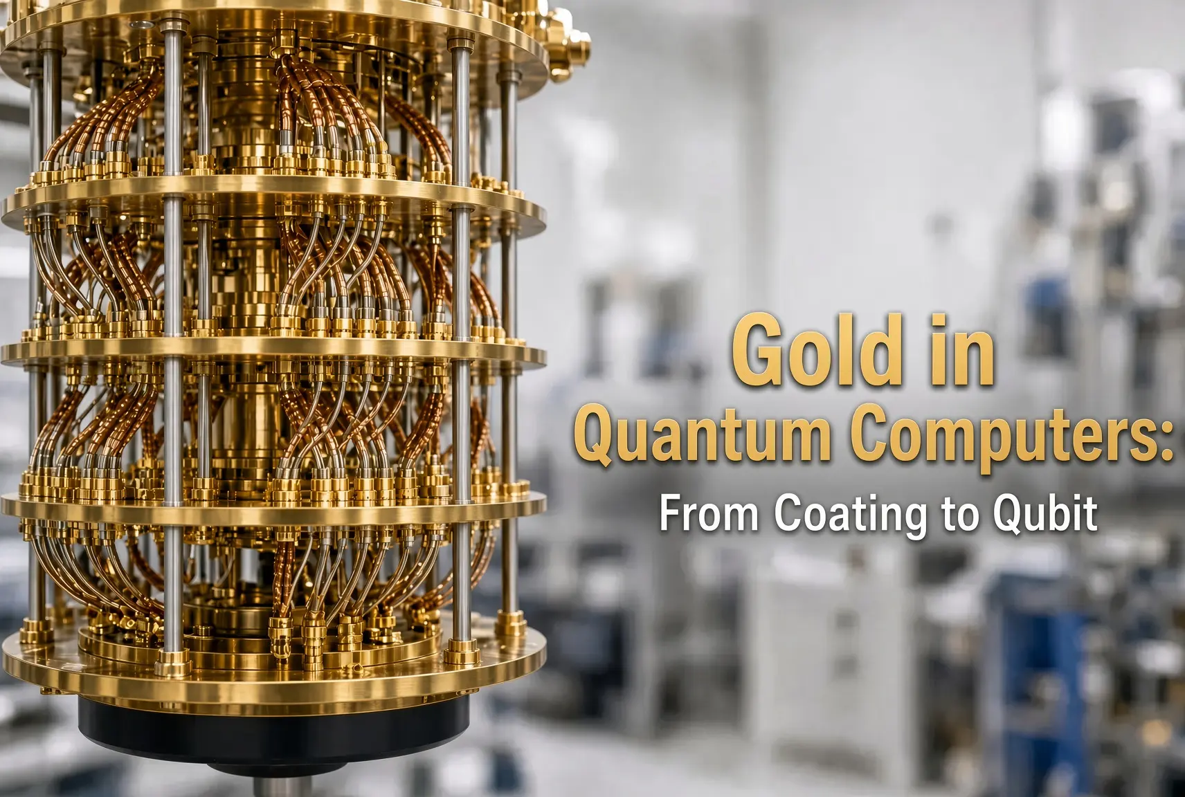 Gold-plated dilution refrigerator used in quantum computers, showing multi-stage cryogenic cooling system with copper wiring and gold coatings.