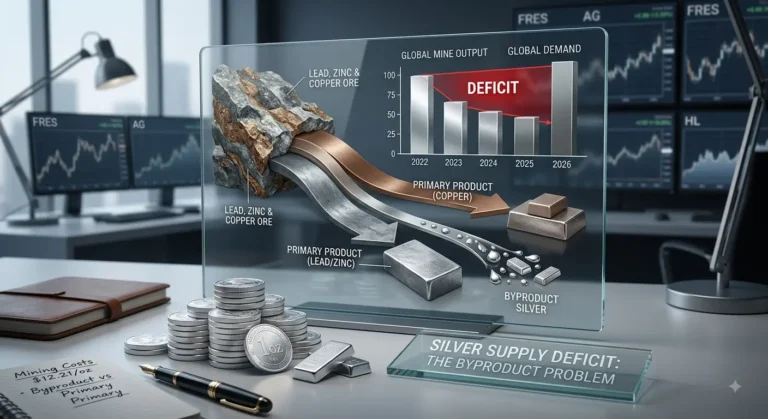 Diagram showing silver output as a byproduct of lead, zinc, and copper mining alongside a supply deficit chart on an analyst's desk.