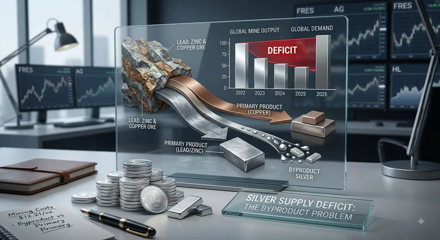 Diagram showing silver output as a byproduct of lead, zinc, and copper mining alongside a supply deficit chart on an analyst's desk.